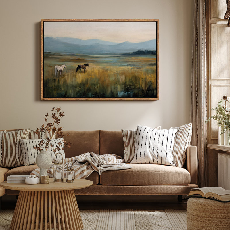 «Peaceful Horses in Open Meadow Landscape», art mural encadré, H 24 po x l 36 po, Naturel