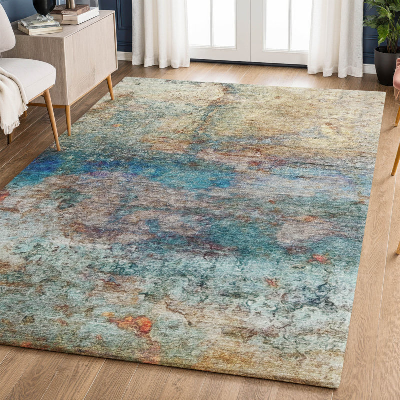 Tapis abstrait lavable à la machine de qualité supérieure Mayfield AMF2100, Sarcelle, 3 pi x 5 pi