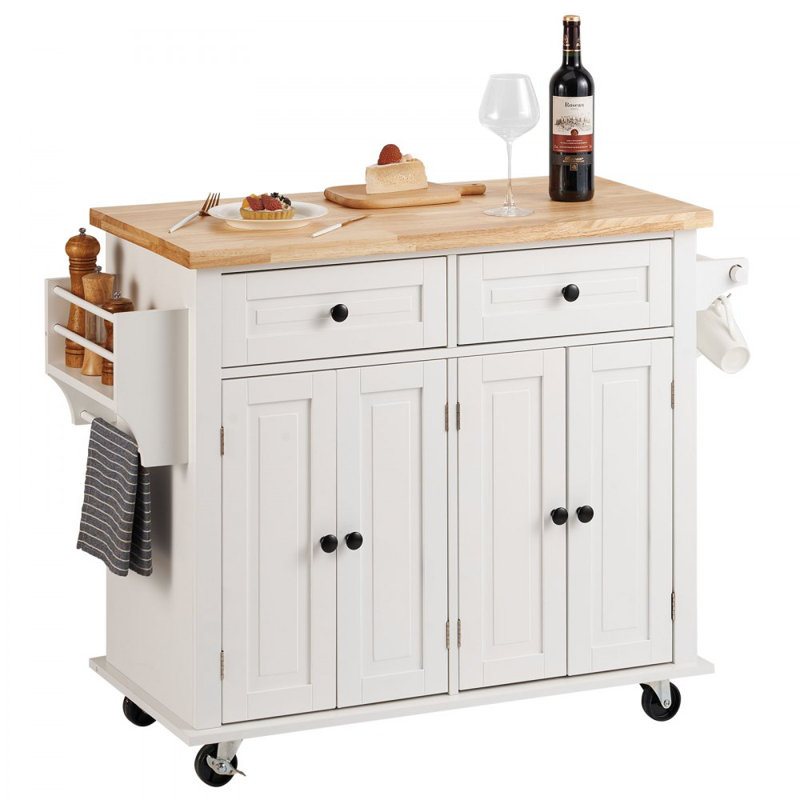 Îlot de cuisine en bois massif 35,4 po Winston Porter, chariots mobiles avec support à épices, porte-serviettes et tiroirs