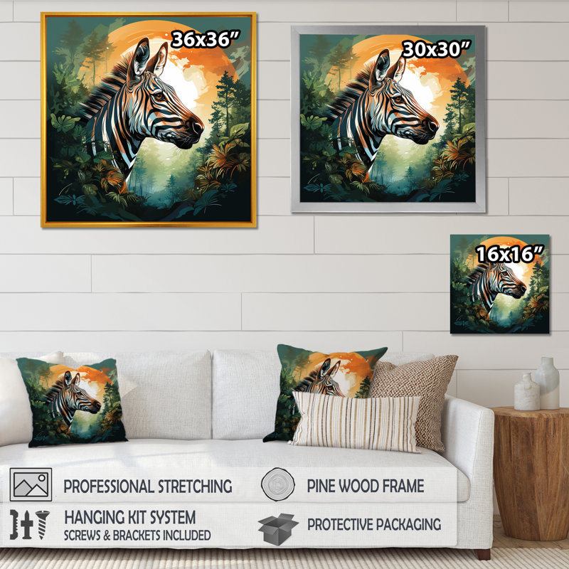 Elegant Sunset Zebra Portrait - Art mural animal zèbre, Cadre doré simple, H 30 po x l 30 po x P 1,5 po