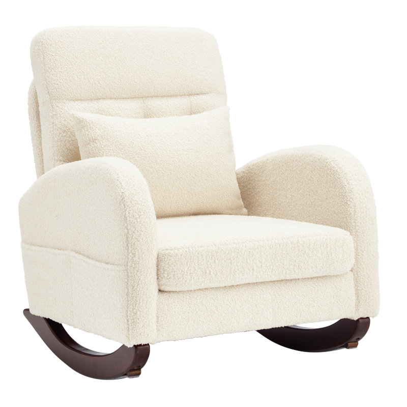 Beige Teddy Fleece Rocking Chair with Solid Wood Base