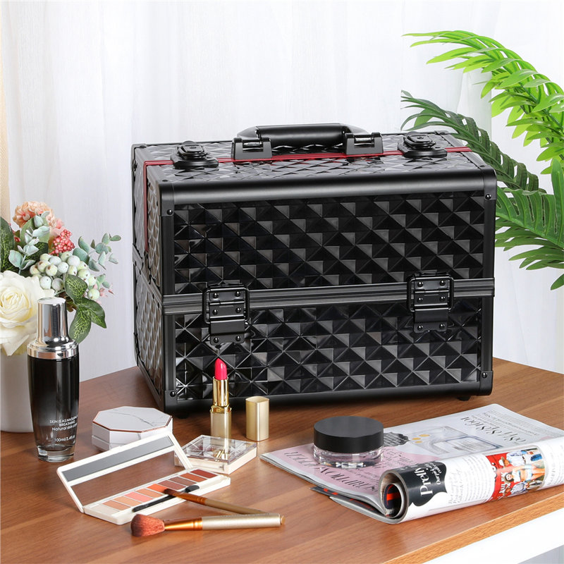 Professional Cosmetic Case Lockable Makeup Box Beauty Travel Case, Red/Black