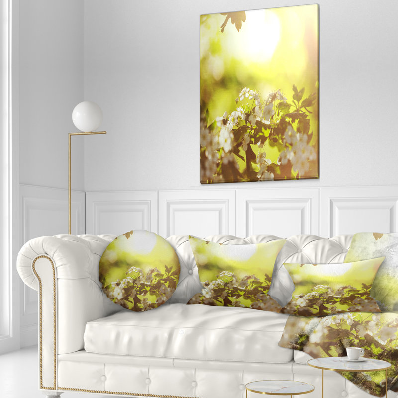 Cerisier en fleurs sur fond vert - Coussin décoratif à imprimé floral