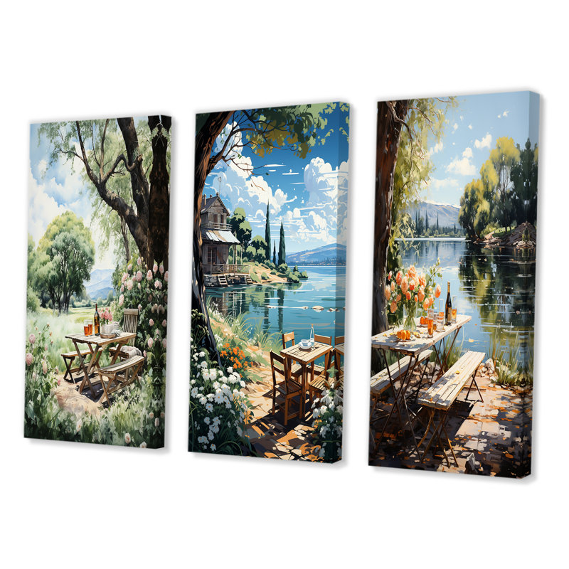 «Food Picnics Tranquil Retreat», ensemble de 3 pièces sur toile, Toile tendue, H 32 po x l 48 po