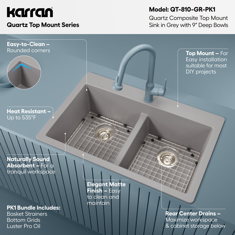 Karran Quartz 33'' X 22'' Double Bowl 50/50 Top Mount Drop-in Kitchen Sink Kit, Gray