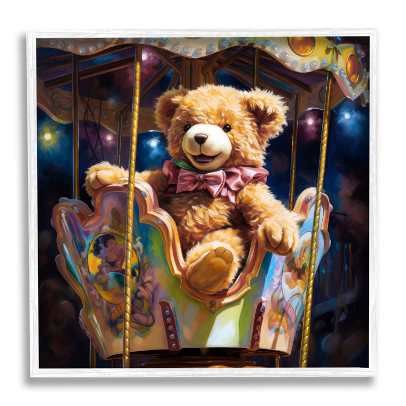 Ba-971 - Ours en peluche sur carrousel encadré sur bois par Ray Powers, Giclée encadrée blanc bord de mer
