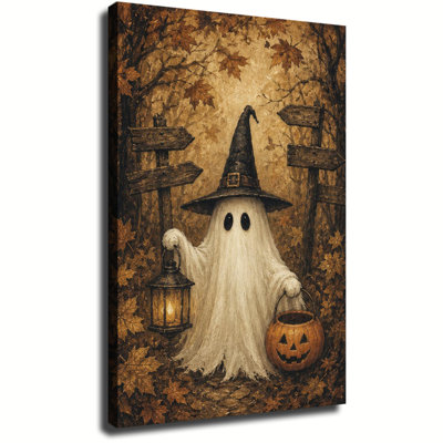 Tableau vintage sur toile pour l'Halloween, représentant un adorable fantôme coiffé d'un chapeau de sorcière tenant une lanterne et un seau à citrouilles dans une forêt d'automne. Décoration automnale rétro et effrayante pour le salon ou la chambre.