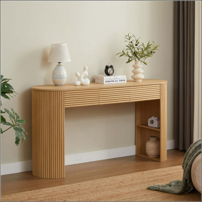Console rétro avec rangement, 3 tiroirs, 1 pied de table, esthétique à lattes rondes, entrée, salon et couloir