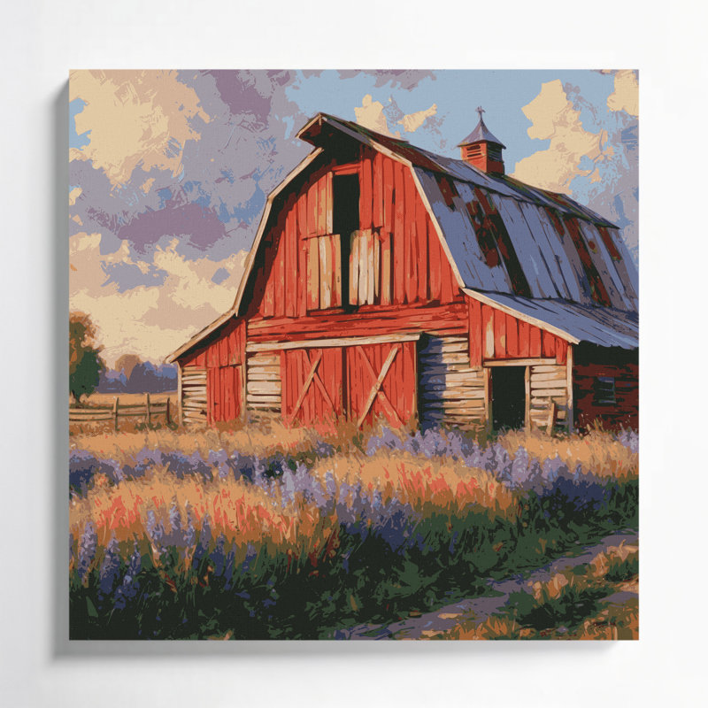 Ferme, grange rouge, toile, art mural, H 16 po x l 16 po