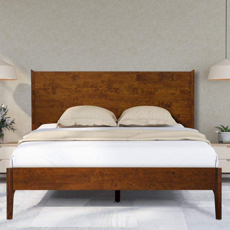 Haven King Solid Wood Bed Frame with Headboard, Caramel Finish Scandinavian Platform Bed All Mattress Support, 800 lbs Capacity, Noise-Free & Non-Slip Design