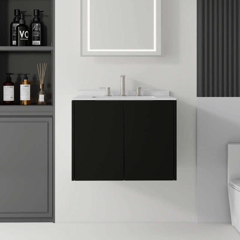 Meuble-lavabo flottant avec porte à fermeture douce et comptoir en marbre de culture, Noir
