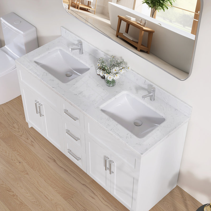 60'' W X 22'' D Engineered Stone Carrara White Vanity Top Double Sinks Centre Drain Bathroom Countertop Rectangular Undermount Ceramic Sink with Double Pre-drilled Faucet Holes & 4 In. H Backsplash