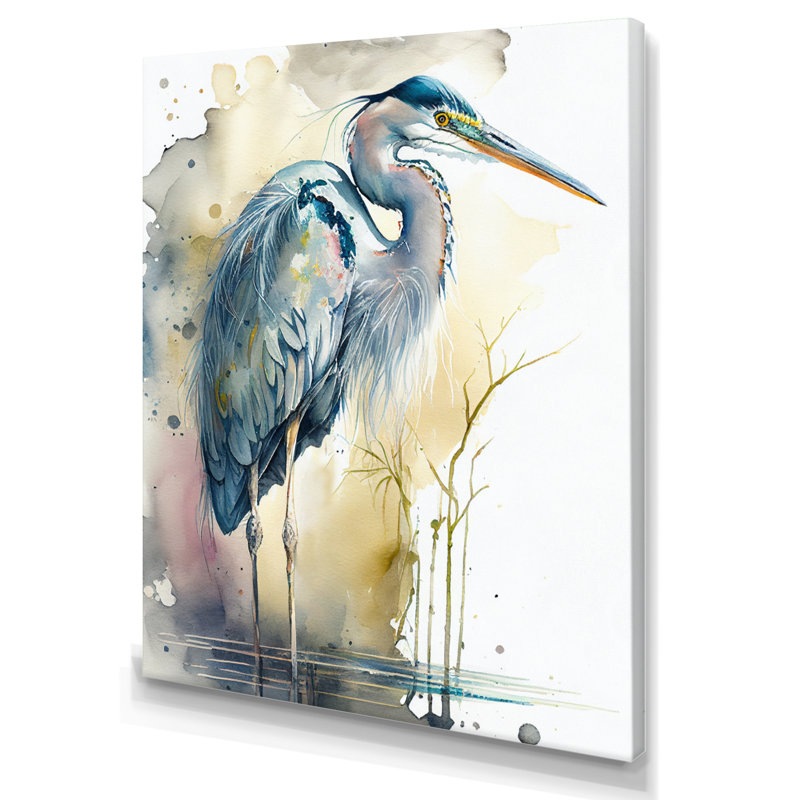 Héron au bord de l'eau, aquarelle III - héron, art mural, H 20 po x l 12 po x P 1 po, Toile tendue