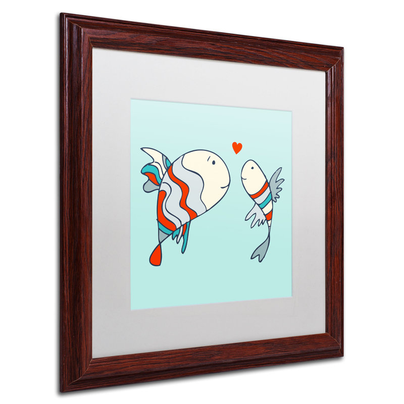 « deux little love fish » par carla martell, art encadré, H 16 po x l 16 po, Blanc, Encadrement brun