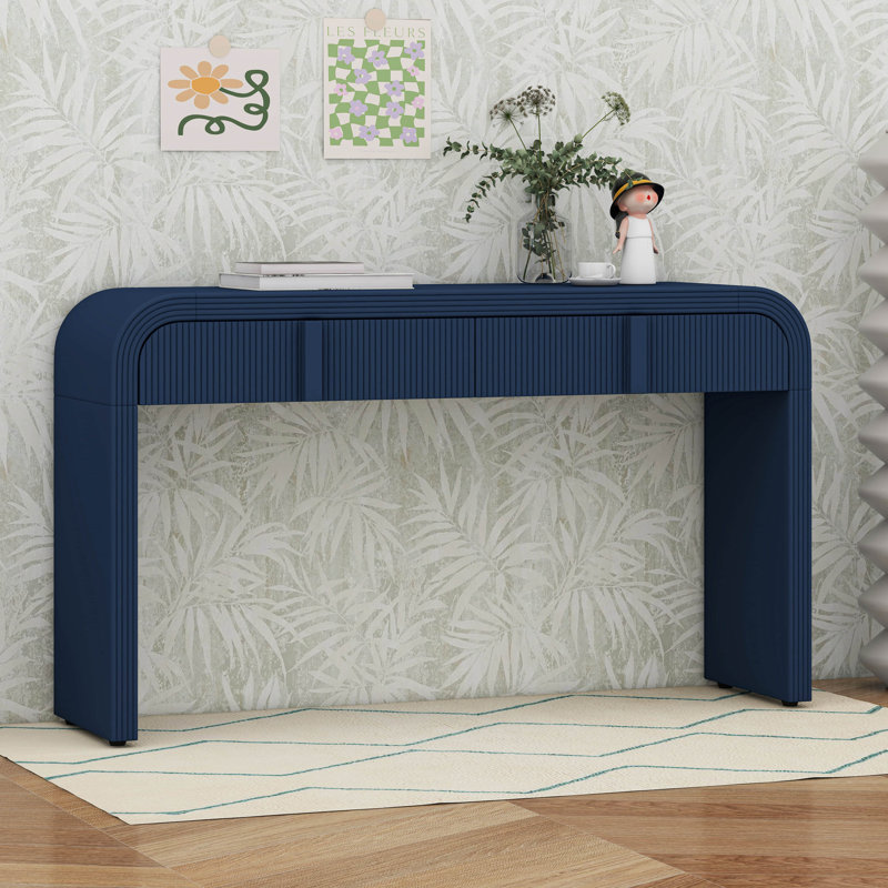 Console avec 2 tiroirs de rangement, table d'entrée moderne à silhouette arrondie, Marine