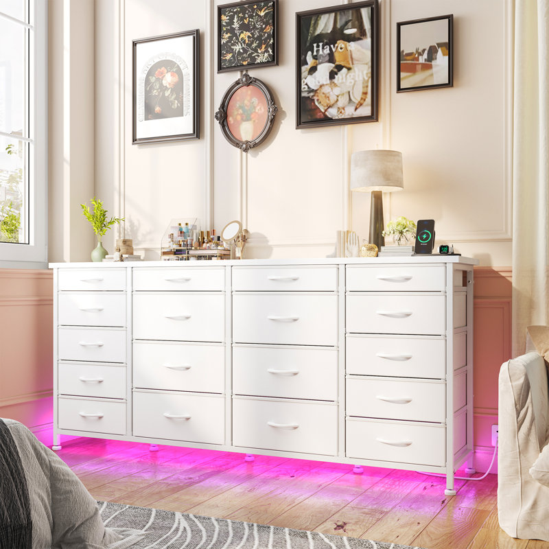 18 Drawer Long Dresser TV Stand for 65 Inch TV, 63"W Bedroom Dresser with LED Lights & Charging Station, White