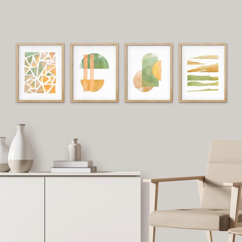 Décoration de salle de bain, pastel vert et jaune, motif abstrait, art mural encadré sur papier, impression de 4 pièces