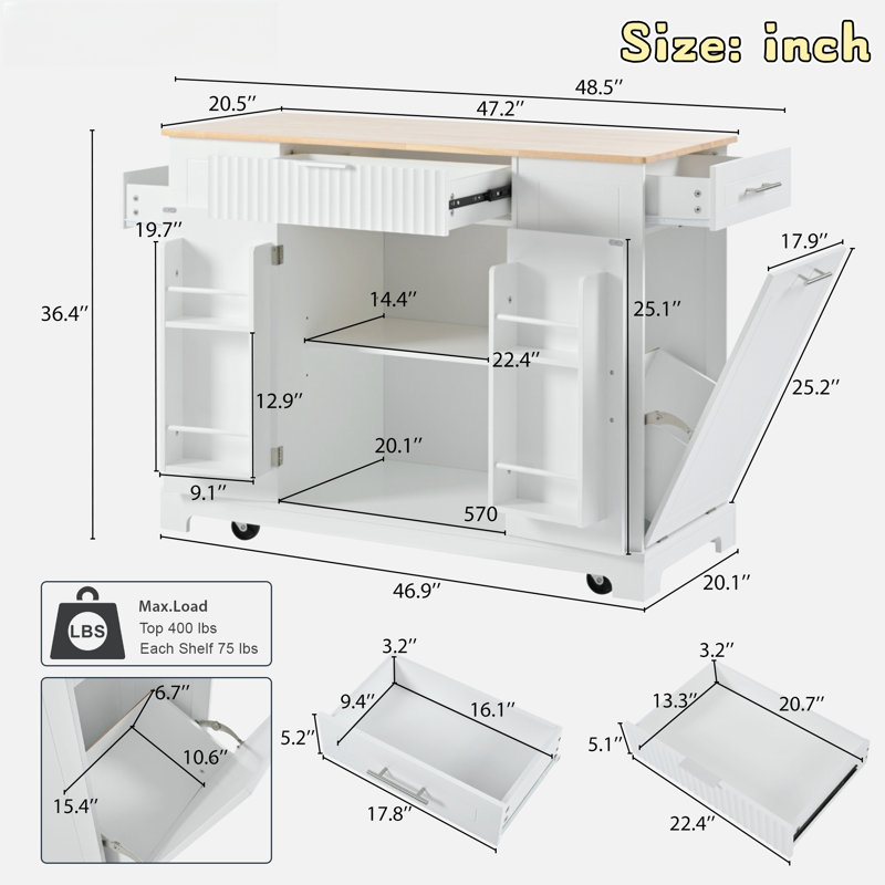 Fluted Kitchen Island With Tilt-out Trash Can, Power Outlet, Internal Storage Rack, 3 Drawers And 3 Open Side Racks, White