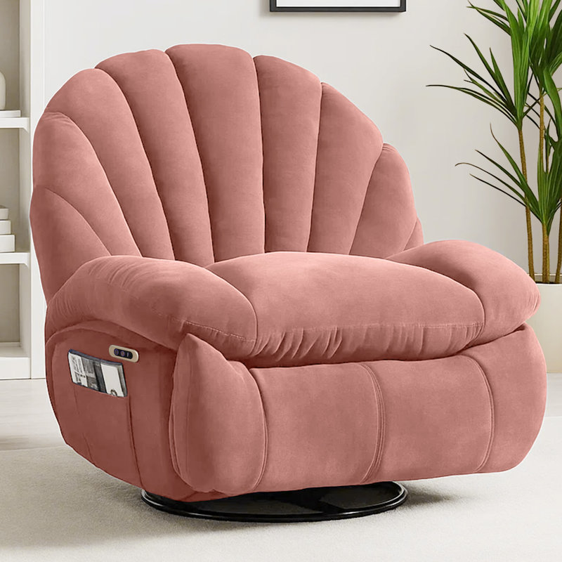 Wide Modern Style Accent Swivel And Rocker Recliner Chair, Pink, Power