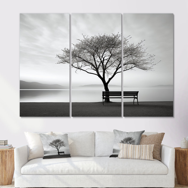 «Black and White Lakeside Nature Serenity - Lakes Lakehouse», ensemble d'art sur toile, Toile tendue