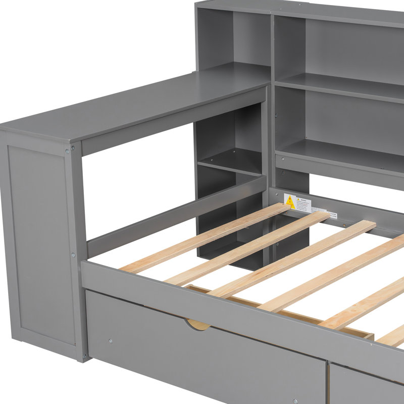Lit plateforme simple en bois, avec tête de lit tapissier, rangement multiple, charge, bureau à DEL et encastré, station de recharge en bois de couleur grise, lumières, aspect ombragé
