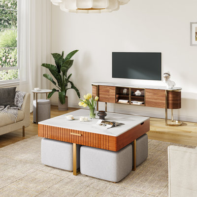 Kreitman Lift Top Extendable Nesting Coffee Table Set With Storage & 4 Stools