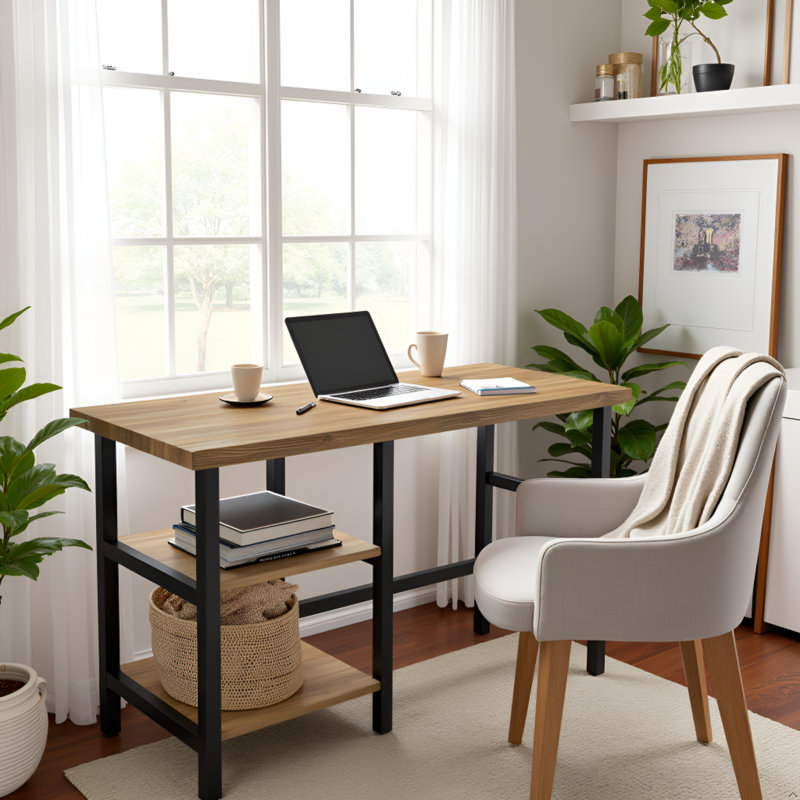 Bureau en métal et en bois massif avec 2 tablettes Pomona