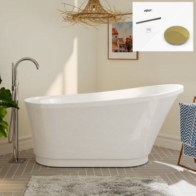 FerdY Langkawi 59" Acrylic Freestanding Bathtub, White Modern Stand Alone Soaking Bathtub, cUPC Certified, Minimalist Linear Design Overflow and Polished Gold Drain Included, Easy to Install