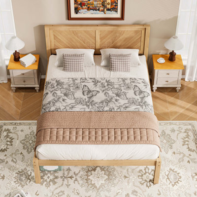 Solid Wood Platform Bed Frame with Herringbone Wood Headboard, Farmhouse Chevron Panel Bed, Under Bed Storage Clearance, No Box Spring Needed