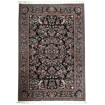 Tapis noir / blanc / rose noué à la main de haute qualité