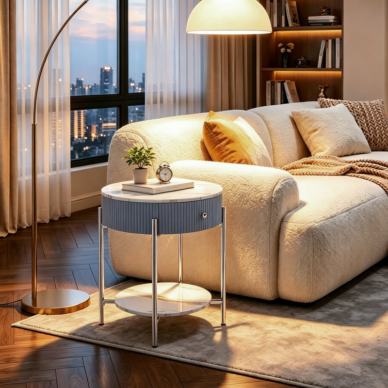 Woodville Side Table with Storage, Chrome, Calacatta White