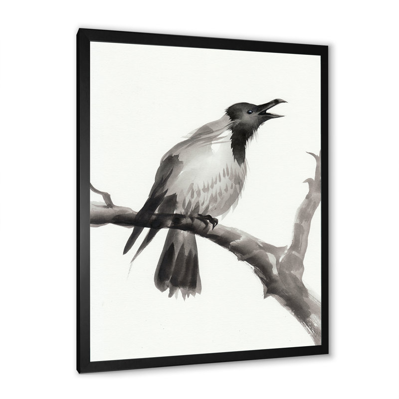 Corbeau qui pleure sur une branche - Peinture sur toile, Cadre noir, H 32 po x l 16 po x P 1 po