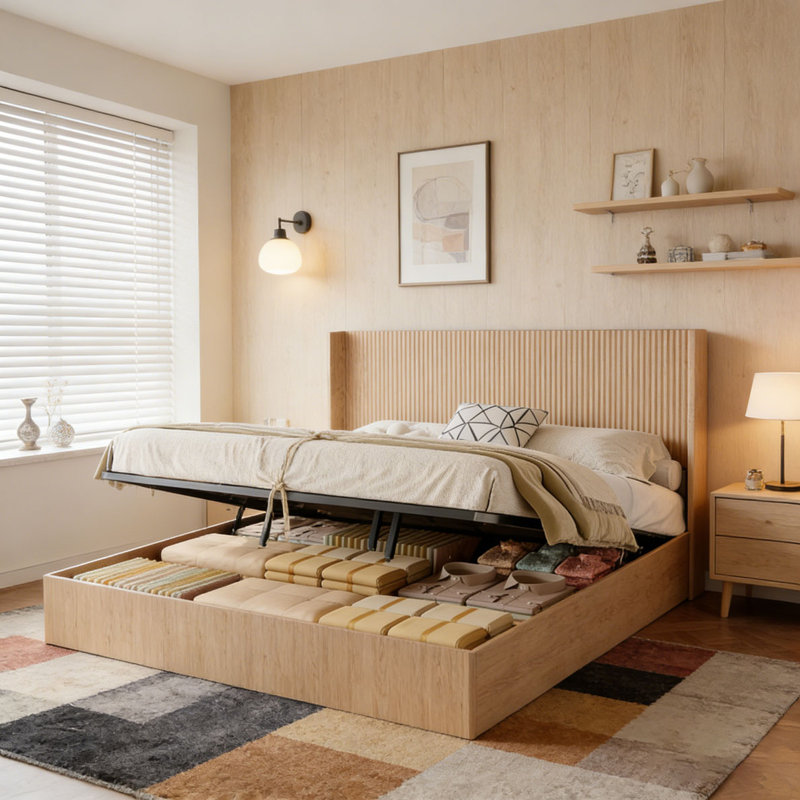 Base de lit plateforme en bois, Très grand lit, Natural Wood
