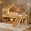 Lit mezzanine simple avec glissade, lit maisonnette avec motifs en forme d'étoile et fenêtre, design chic avec lumières DEL, pas de sommier tapissier nécessaire, naturel