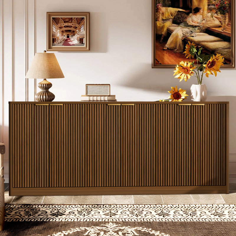 Modern Fluted Sideboard with Curved Edge, 6-Door Large Buffet Cabinet for Kitchen And Living Room, Walnut