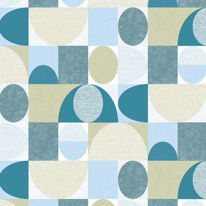 Papier peint géométrique, Blanc / beige / bleu clair / vert