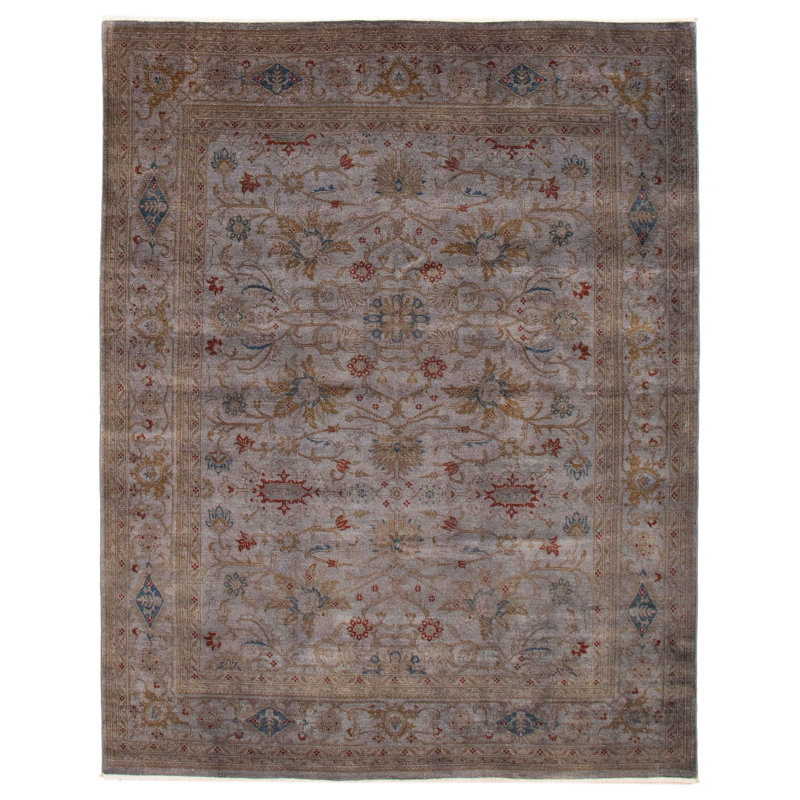 Tapis gris en laine noué à la main de conception unique 7 pi 9 po x 9 pi 9 po