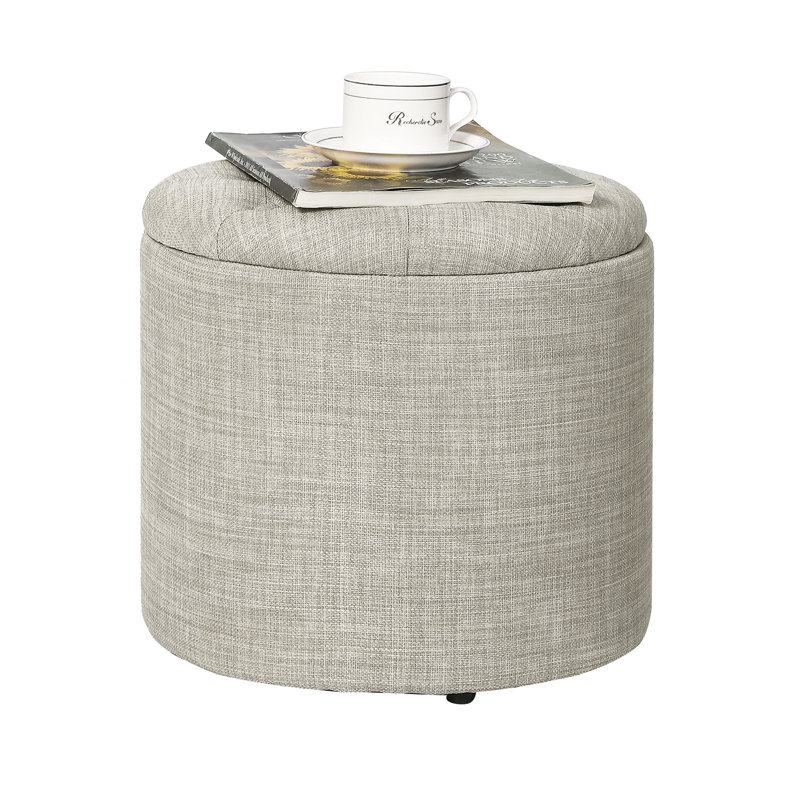 Round Tuffed Upholstered Storage Ottoman, Light Gray Linen