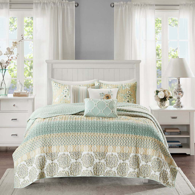 Ensemble de courtepointe en coton 6 pièces avec coussins décoratifs vert, Courtepointe très grand + 2 taies décoratives st