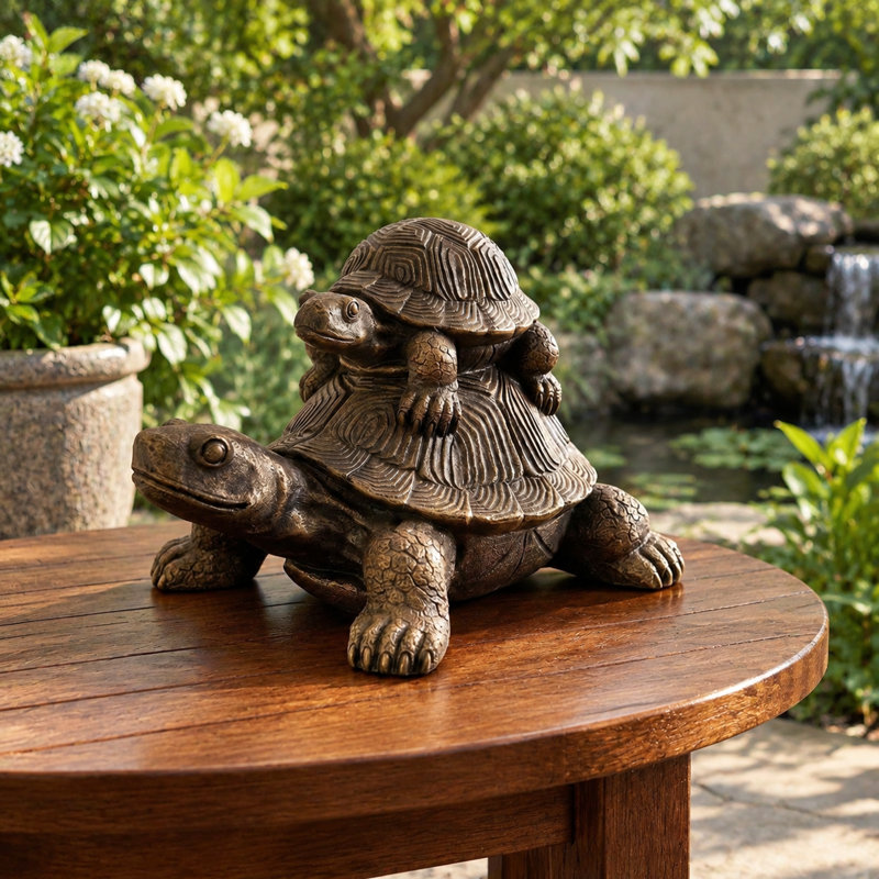 Statue de jardin en résine représentant une tortue mère et son bébé.