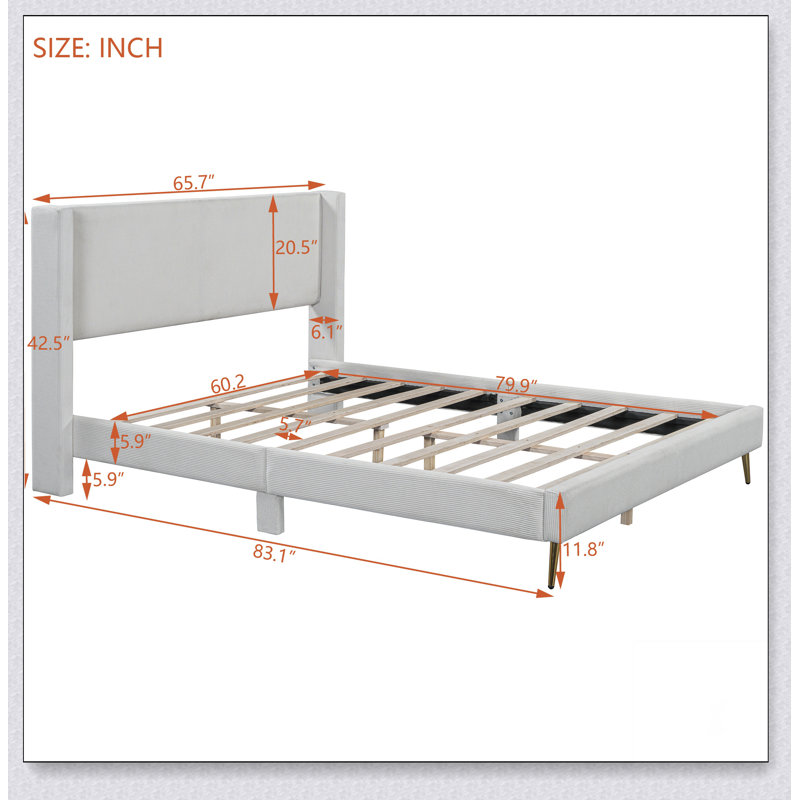 Lit plateforme en velours côtelé avec pieds en métal, Beige