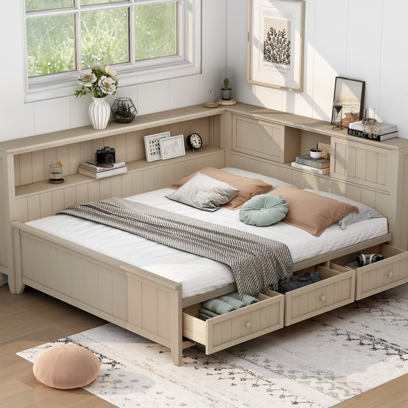 Lit de jour pleine grandeur avec 3 tiroirs et espaces de rangement, finition lait antique blanc, fabrication en bois pour les tiroirs de stabilité, attrait durable