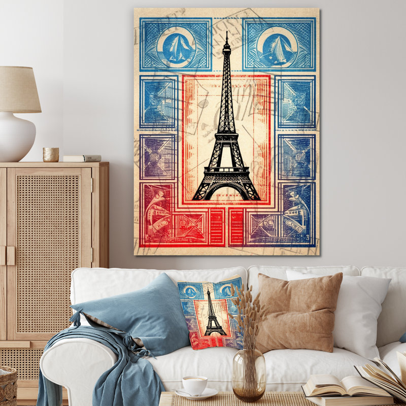 Illustration rétro du cachet de la Tour Eiffel sur toile, H 40 po x l 30 po, Toile tendue