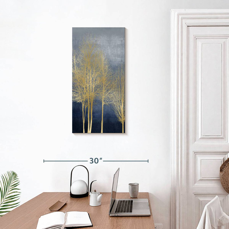 Arbres dorés sur panneau bleu I, H 30 po x l 15 po