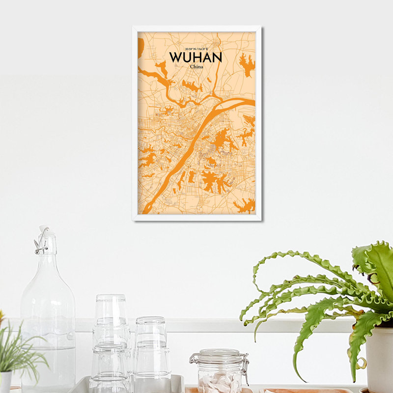 Carte de la ville de Whan, impression, H 17 po x l 11 po, Orange / or pâle
