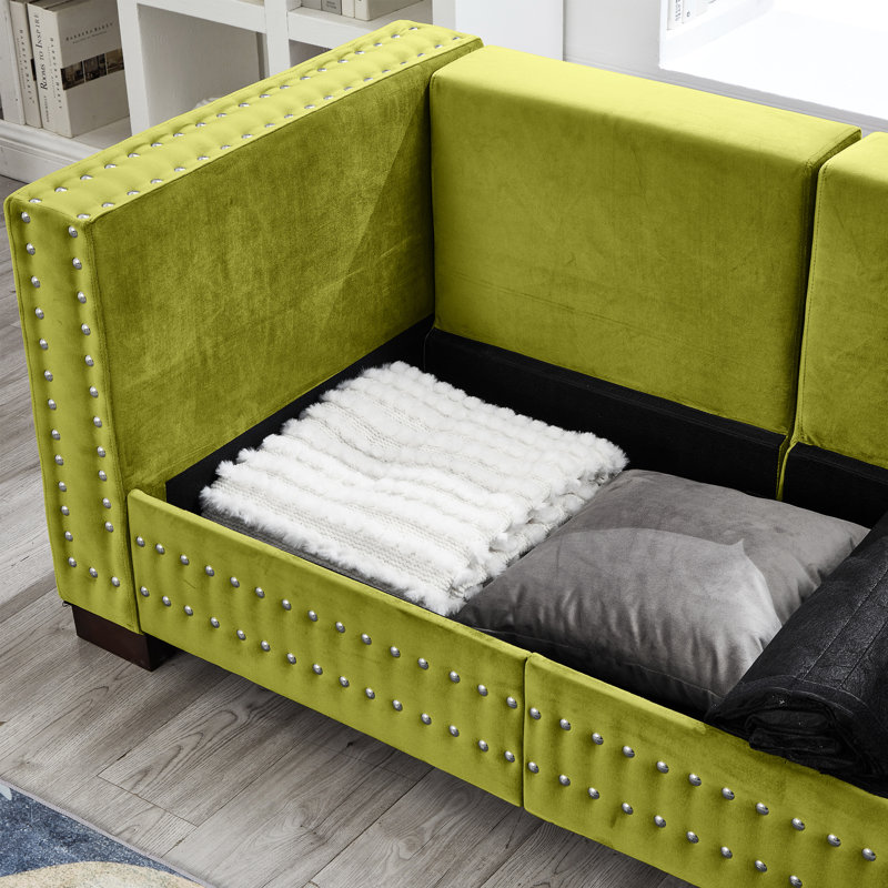 5 + 2 places en velours 2 + 3 avec design moderne, accoudoirs carrés, pieds en bois massif, coussins à ressorts et housses amovibles pour le look du salon, places assises, accoudoirs, rangement pour clous argentés