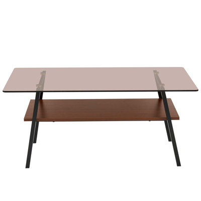 Rectangle Coffee Table, Tempered Glass Tabletop With Black Metal Legs, Modern Table For Living Room , Brown Glass