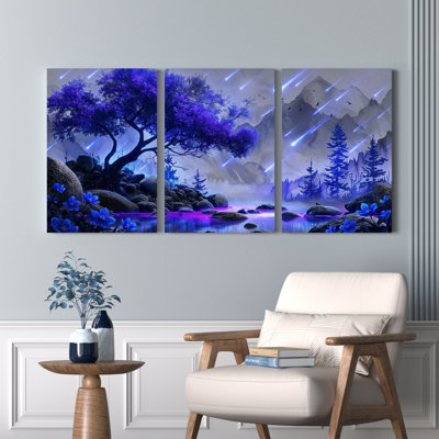 Ensemble de 3 toiles murales représentant un paysage de montagnes et d'arbres violets, idéales pour la décoration du salon et de la chambre.