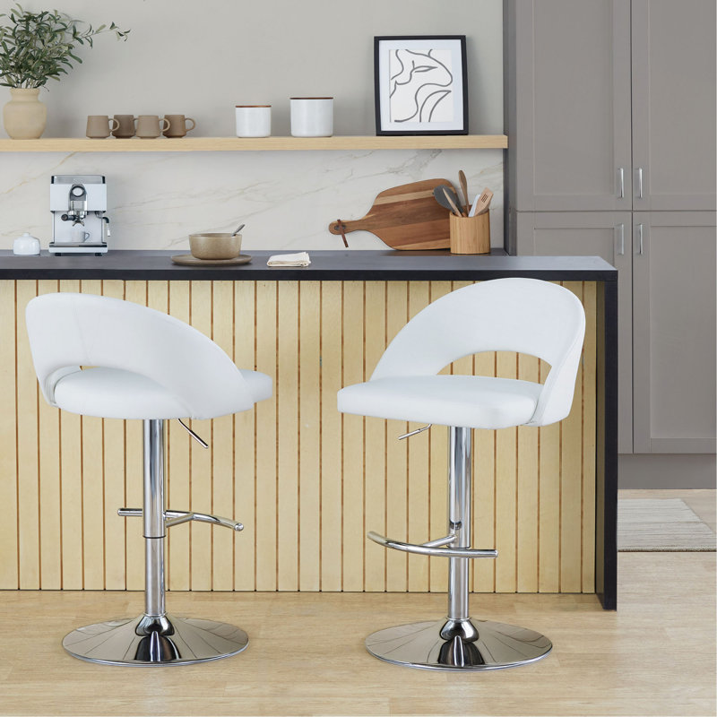 Tabouret de bar réglable avec pivot en métal chromé et similicuir avec repose-pieds rond en T - ensemble de 2, Blanc
