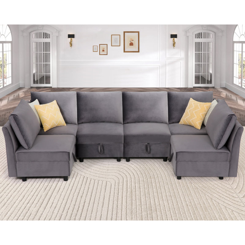 Canapé modulaire en velours 6 pièces avec rangement sous le siège 6 pièces, Velours gris
